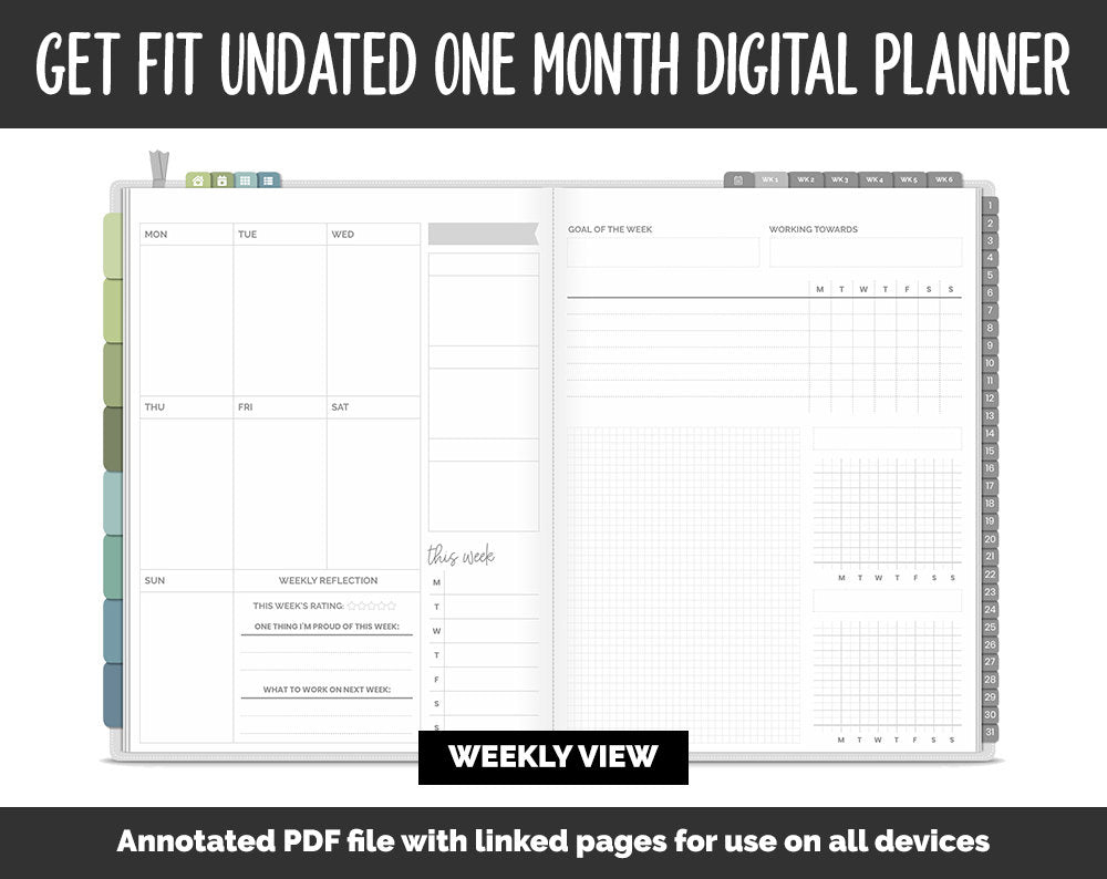 Undated Get Fit One Month Digital Planner | Tranquil Theme | GoodNotes, iPad & Android | Fitness, Self-Care, Health, Workout