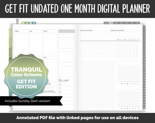 Undated Get Fit One Month Digital Planner | Tranquil Theme | GoodNotes, iPad & Android | Fitness, Self-Care, Health, Workout