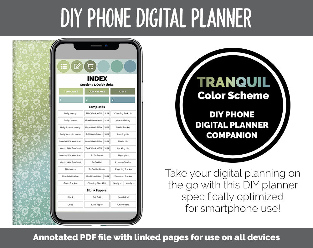 DIY Phone Digital Planner | Tranquil Theme | Goodnotes, iPad & Android