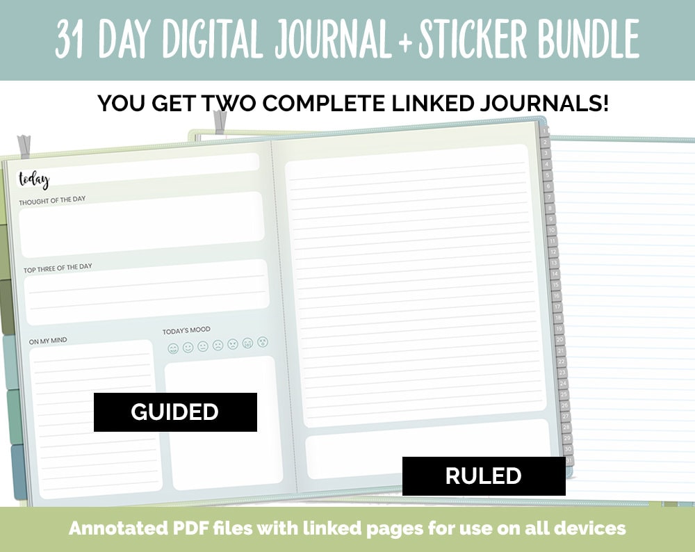 31 Day Digital Journal + Sticker Bundle | Tranquil Theme