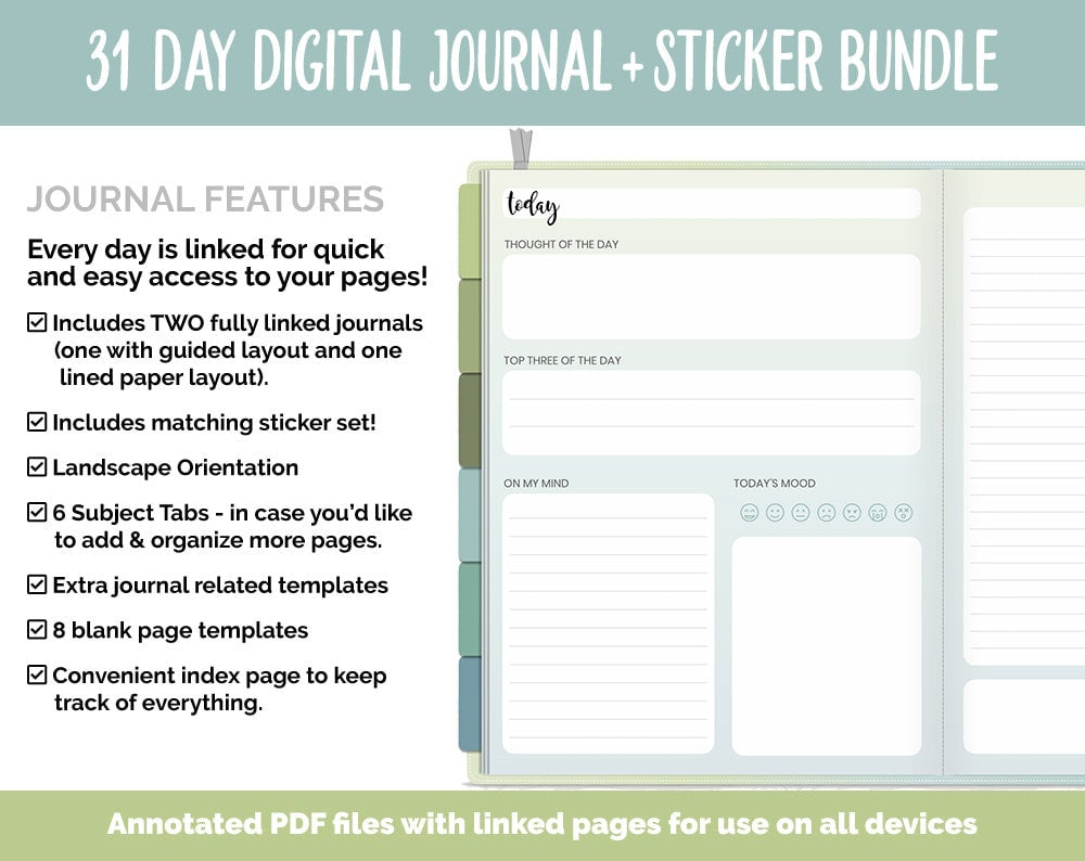 31 Day Digital Journal + Sticker Bundle | Tranquil Theme