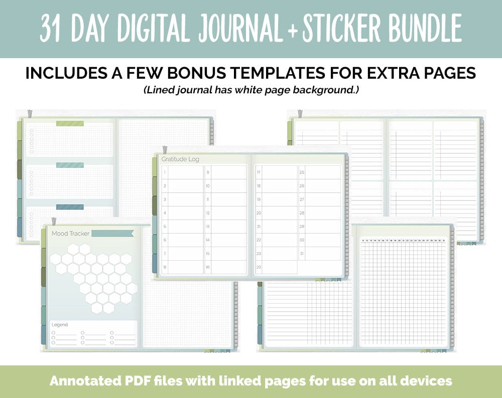 31 Day Digital Journal + Sticker Bundle | Tranquil Theme