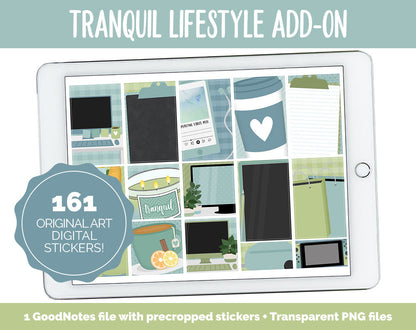 Tranquil Lifestyle Add-On Digital Stickers | GoodNotes & iPad | TV, Playlist, Travel, Reading, Work, Groceries