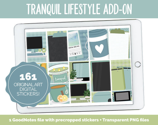 Tranquil Lifestyle Add-On Digital Stickers | GoodNotes & iPad | TV, Playlist, Travel, Reading, Work, Groceries