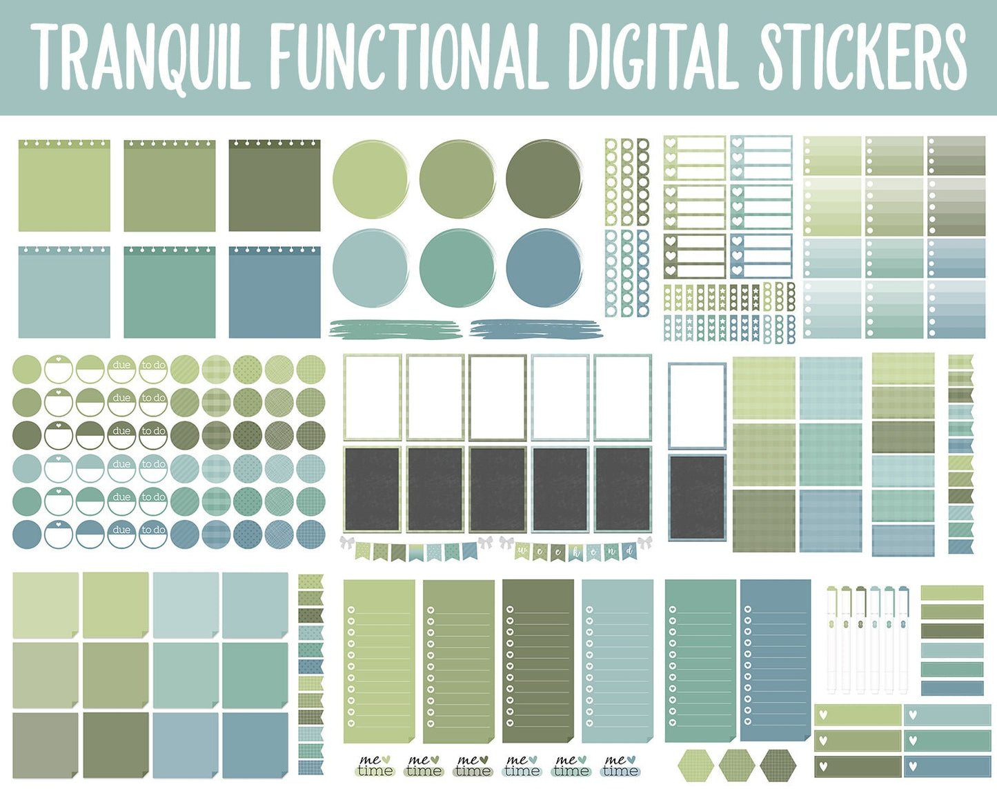 Tranquil Functional Digital Sticker Set | GoodNotes, iPad & Android | Papers, Sticky Notes, Chores, Work, Adulting, Tasks, Dates