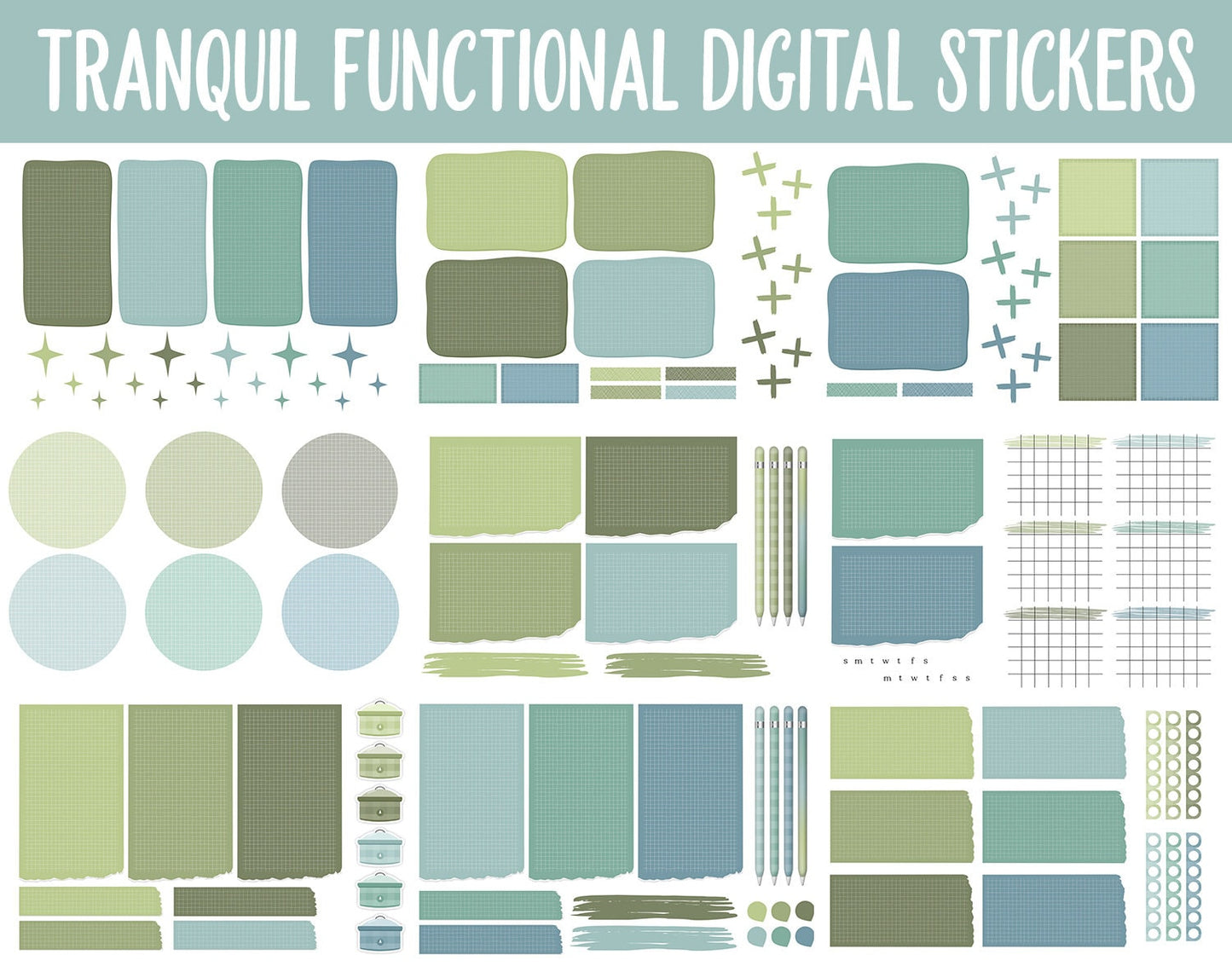 Tranquil Functional Digital Sticker Set | GoodNotes, iPad & Android | Papers, Sticky Notes, Chores, Work, Adulting, Tasks, Dates