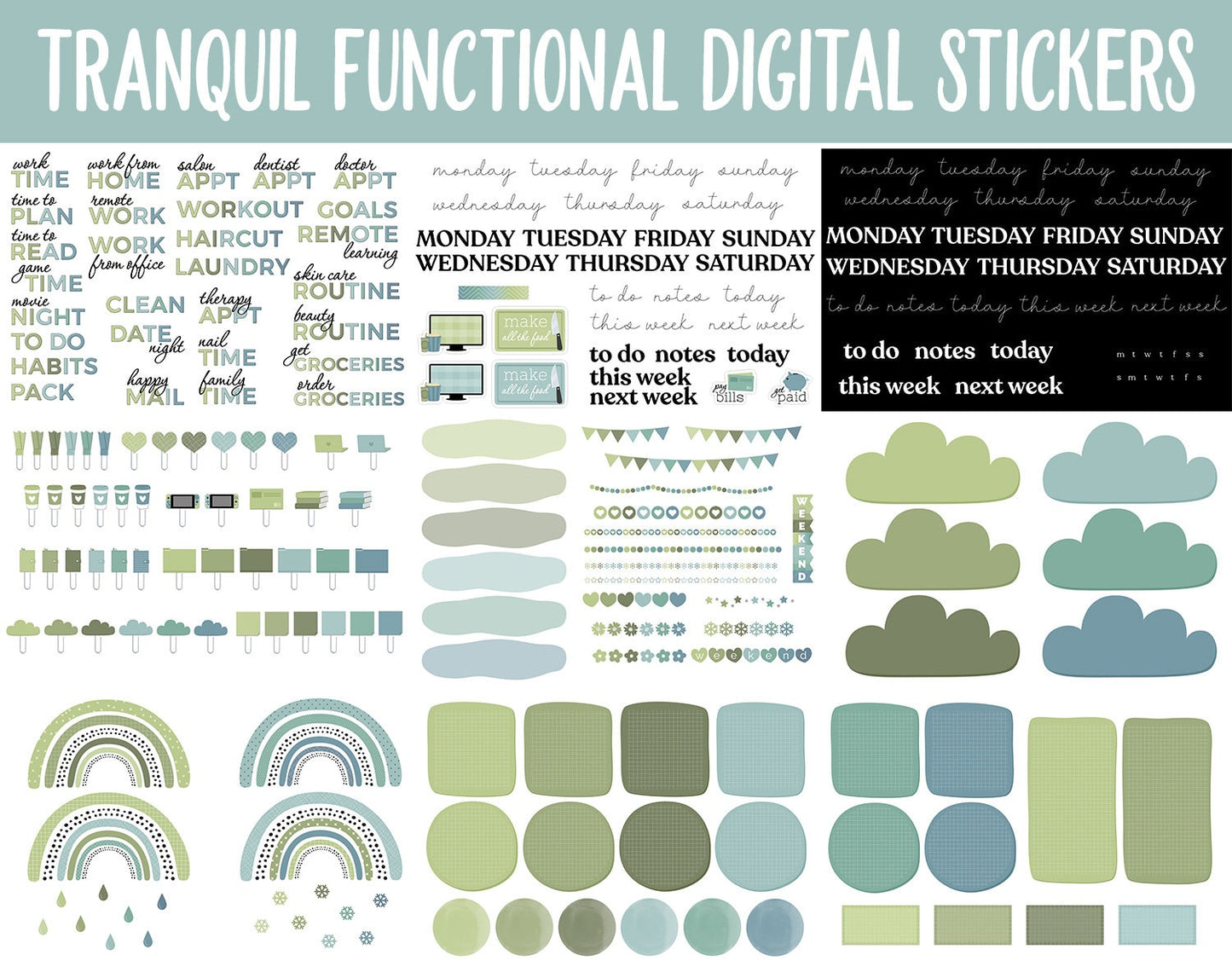 Tranquil Functional Digital Sticker Set | GoodNotes, iPad & Android | Papers, Sticky Notes, Chores, Work, Adulting, Tasks, Dates