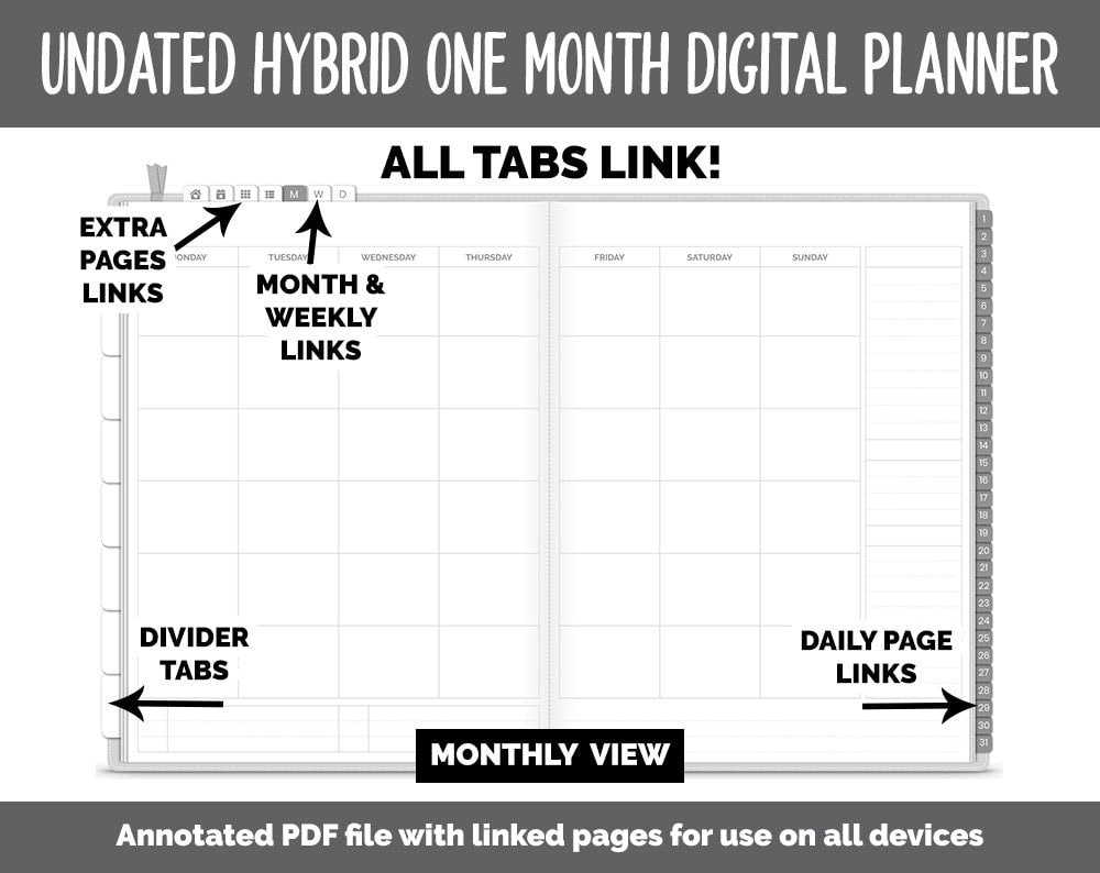 Undated Hybrid One Month Digital Planner | Whiteout Theme | GoodNotes, iPad & Android