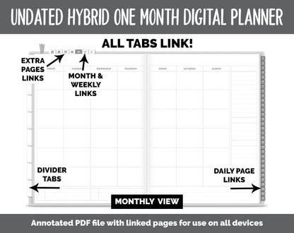 Undated Hybrid One Month Digital Planner | Whiteout Theme | GoodNotes, iPad & Android