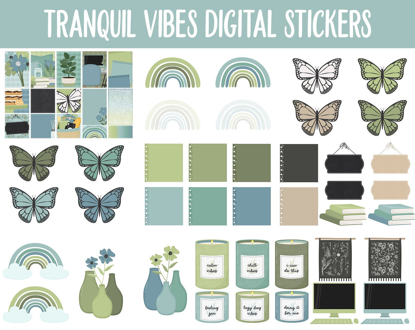 Tranquil Vibes Digital Planner Stickers | GoodNotes, iPad and Android | Tranquil Theme | Home, Spring, Zen, Planner Girls, Floral, Furniture