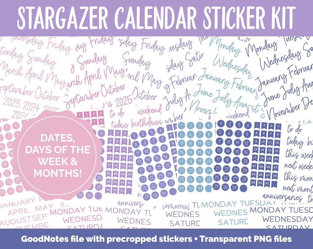Stargazer Calendar Essentials Digital Planner Stickers | GoodNotes, iPad and Android | Dates, Days of the Week, Months
