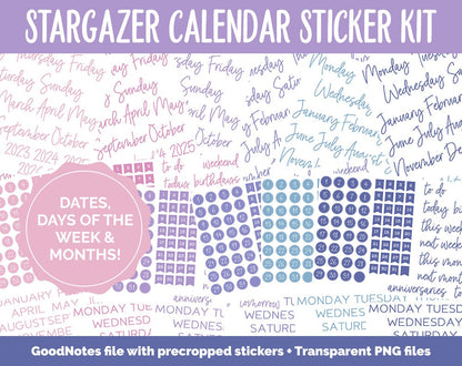 Stargazer Calendar Essentials Digital Planner Stickers | GoodNotes, iPad and Android | Dates, Days of the Week, Months