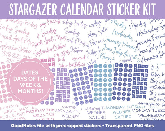 Stargazer Calendar Essentials Digital Planner Stickers | GoodNotes, iPad and Android | Dates, Days of the Week, Months
