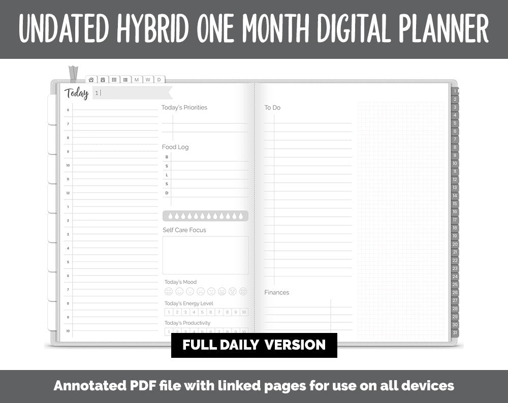 Undated Hybrid One Month Digital Planner | Whiteout Theme | GoodNotes, iPad & Android