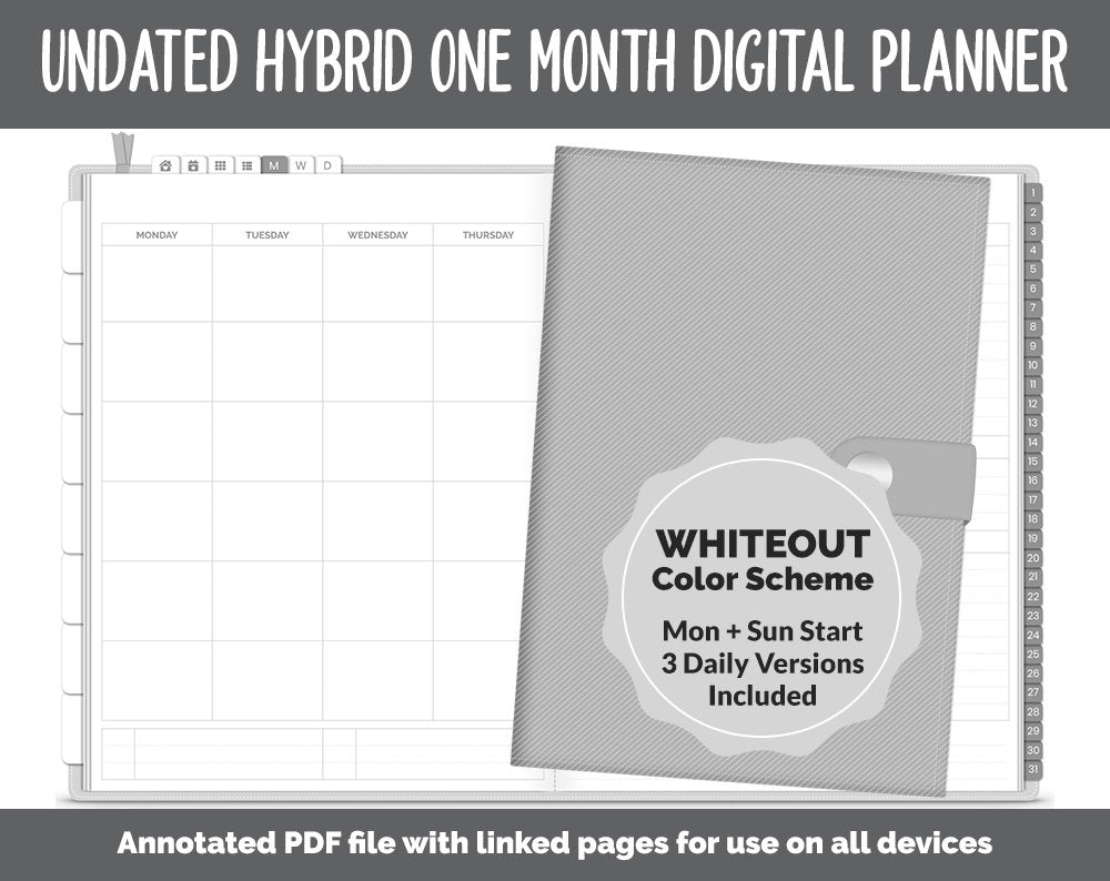 Undated Hybrid One Month Digital Planner | Whiteout Theme | GoodNotes, iPad & Android