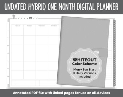 Undated Hybrid One Month Digital Planner | Whiteout Theme | GoodNotes, iPad & Android