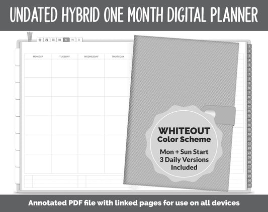 Undated Hybrid One Month Digital Planner | Whiteout Theme | GoodNotes, iPad & Android