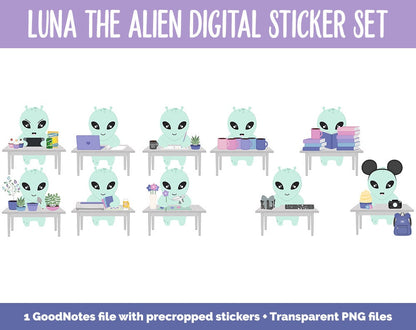 Luna the Alien Digital Planner Stickers | GoodNotes, iPad and Android | Tasks, Activities, Planning, Work, Hobbies, Cleaning, Space, UFO