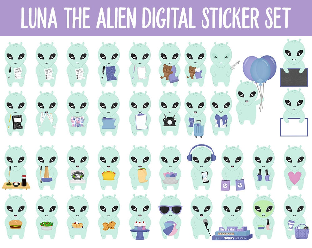 Luna the Alien Digital Planner Stickers | GoodNotes, iPad and Android | Tasks, Activities, Planning, Work, Hobbies, Cleaning, Space, UFO