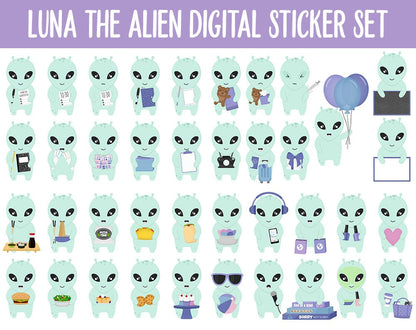 Luna the Alien Digital Planner Stickers | GoodNotes, iPad and Android | Tasks, Activities, Planning, Work, Hobbies, Cleaning, Space, UFO