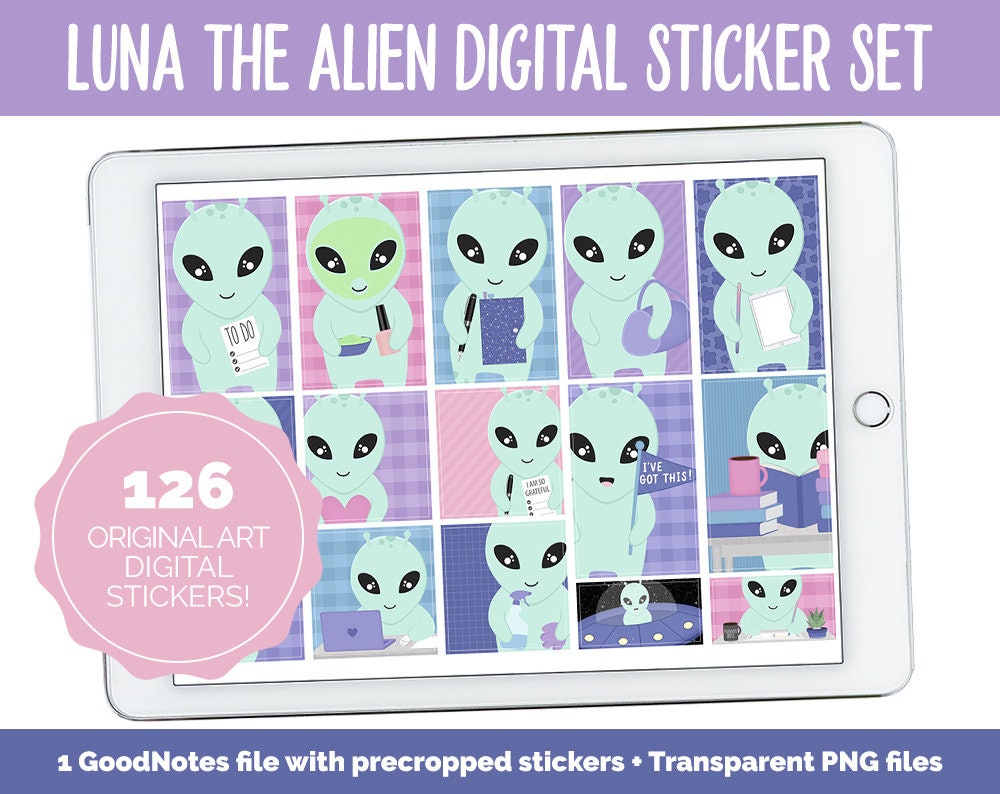 Luna the Alien Digital Planner Stickers | GoodNotes, iPad and Android | Tasks, Activities, Planning, Work, Hobbies, Cleaning, Space, UFO