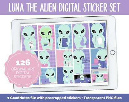 Luna the Alien Digital Planner Stickers | GoodNotes, iPad and Android | Tasks, Activities, Planning, Work, Hobbies, Cleaning, Space, UFO