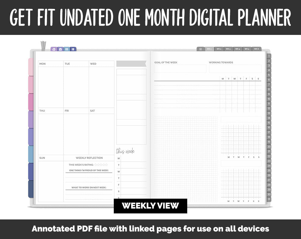 Undated Get Fit One Month Digital Planner | Stargazer Theme | GoodNotes, iPad & Android | Fitness, Self-Care, Health, Workout