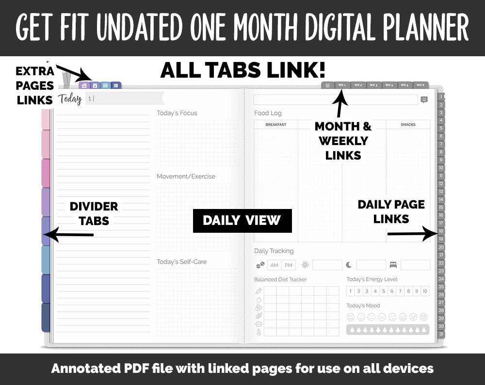 Undated Get Fit One Month Digital Planner | Stargazer Theme | GoodNotes, iPad & Android | Fitness, Self-Care, Health, Workout