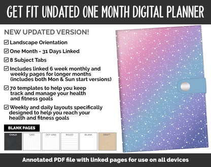 Undated Get Fit One Month Digital Planner | Stargazer Theme | GoodNotes, iPad & Android | Fitness, Self-Care, Health, Workout