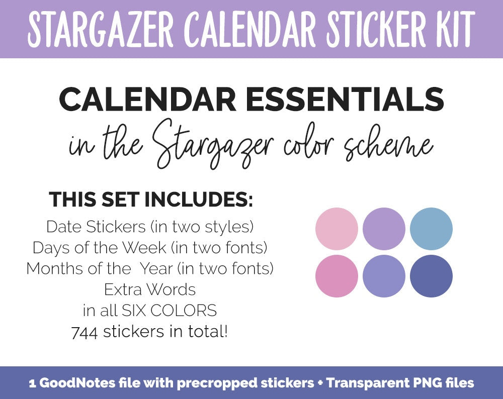 Stargazer Calendar Essentials Digital Planner Stickers | GoodNotes, iPad and Android | Dates, Days of the Week, Months