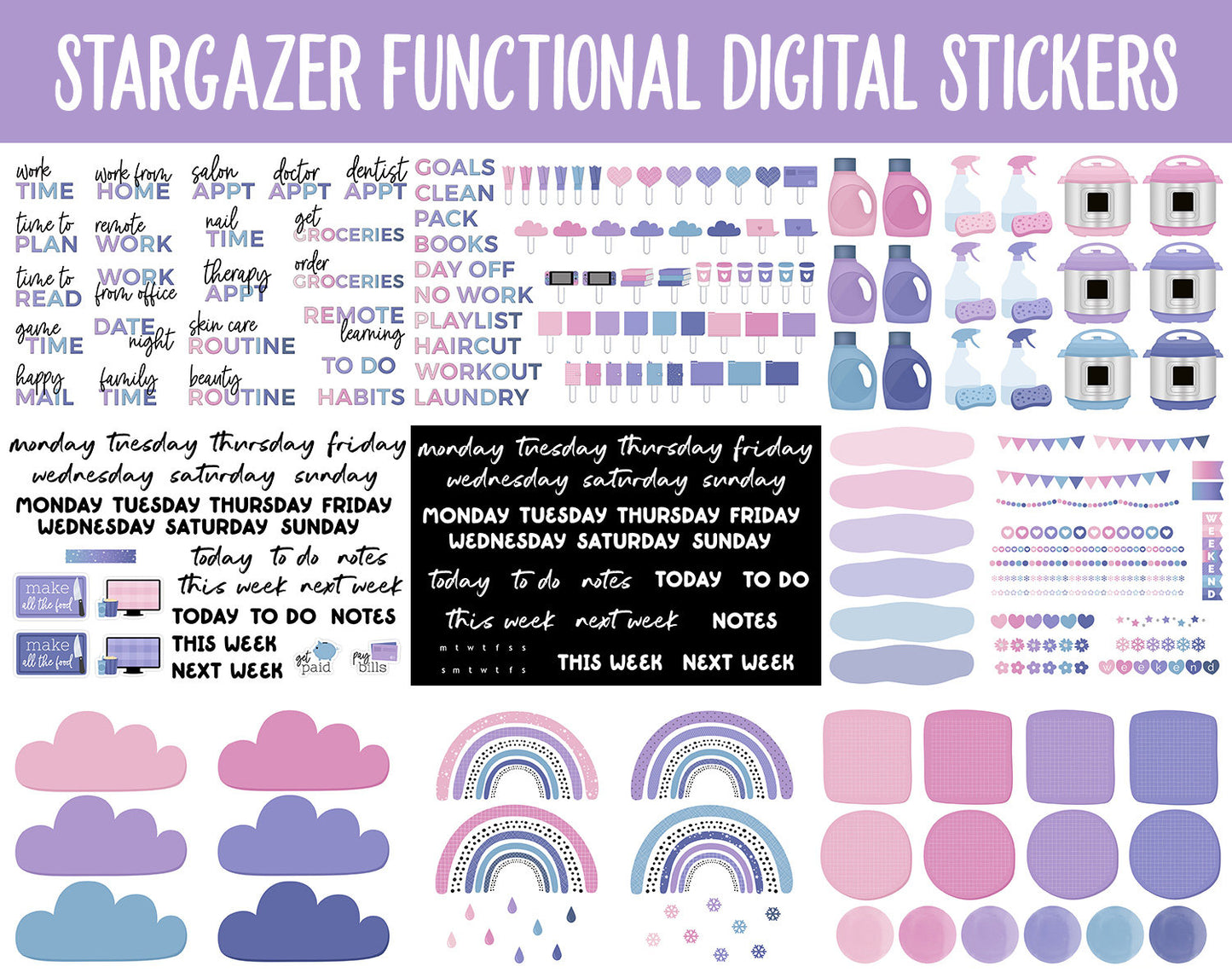 Stargazer Functional Digital Sticker Set | GoodNotes, iPad & Android | Papers, Sticky Notes, Chores, Work, Adulting, Tasks, Dates