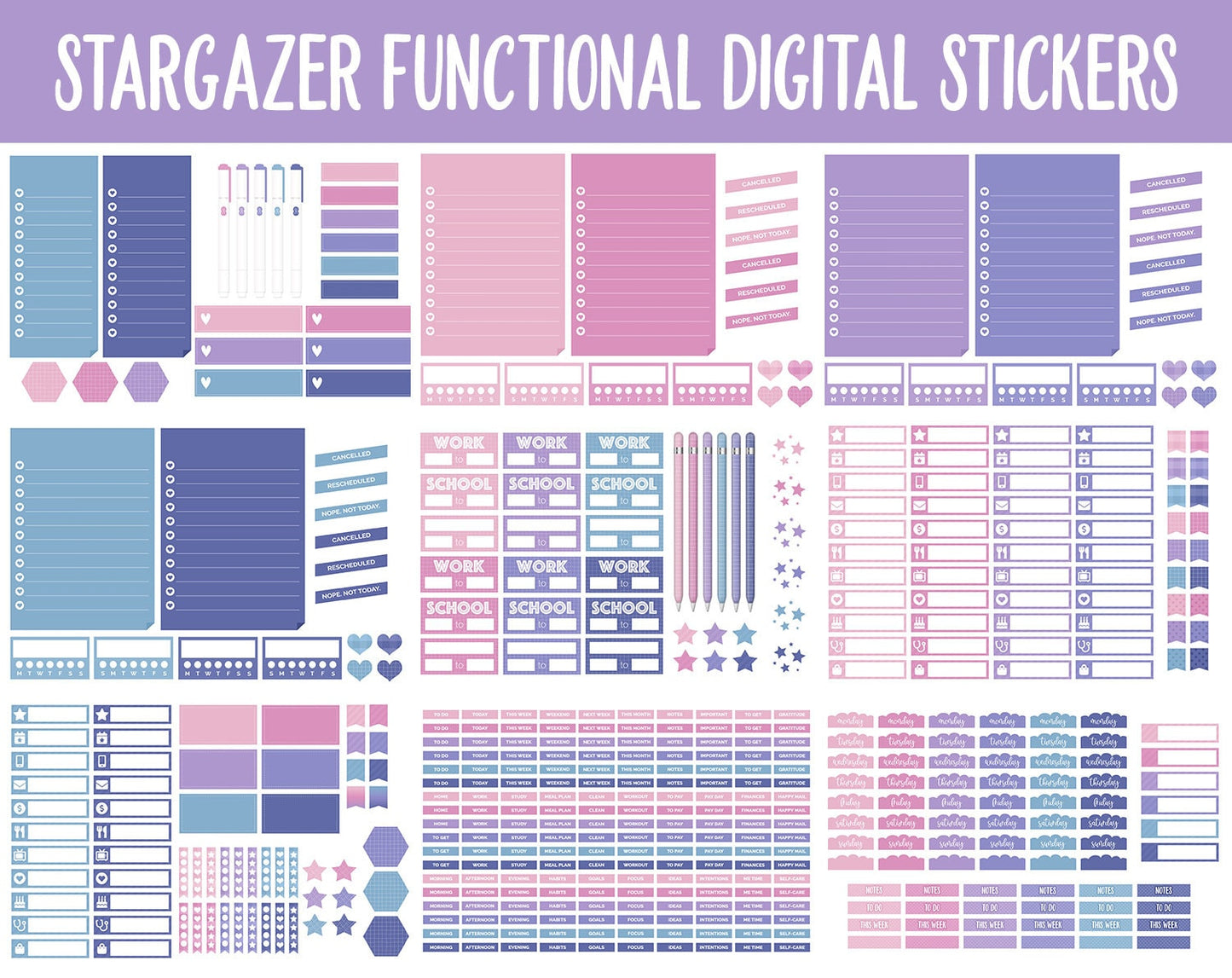 Stargazer Functional Digital Sticker Set | GoodNotes, iPad & Android | Papers, Sticky Notes, Chores, Work, Adulting, Tasks, Dates