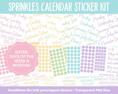 Sprinkles Calendar Essentials Digital Planner Stickers | GoodNotes, iPad and Android | Dates, Days of the Week, Months