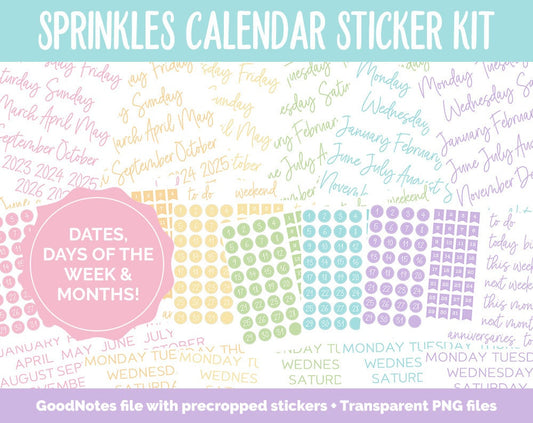 Sprinkles Calendar Essentials Digital Planner Stickers | GoodNotes, iPad and Android | Dates, Days of the Week, Months