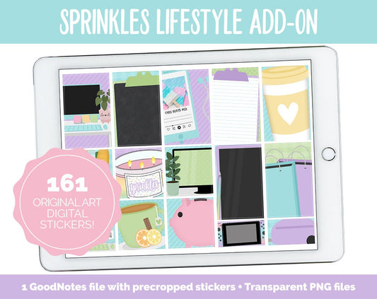 Sprinkles Lifestyle Add-On Digital Stickers | GoodNotes & iPad | TV, Playlist, Travel, Reading, Work, Groceries