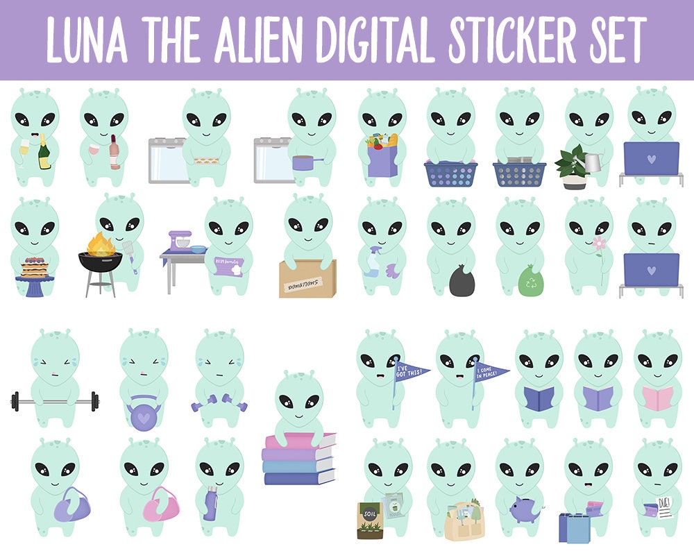 Luna the Alien Digital Planner Stickers | GoodNotes, iPad and Android | Tasks, Activities, Planning, Work, Hobbies, Cleaning, Space, UFO