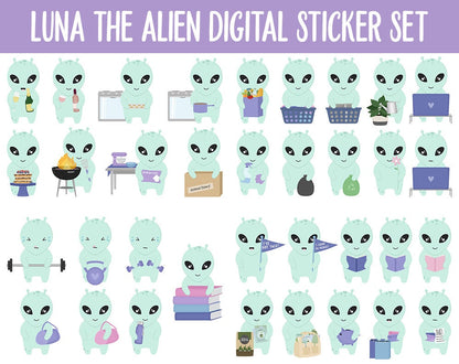 Luna the Alien Digital Planner Stickers | GoodNotes, iPad and Android | Tasks, Activities, Planning, Work, Hobbies, Cleaning, Space, UFO