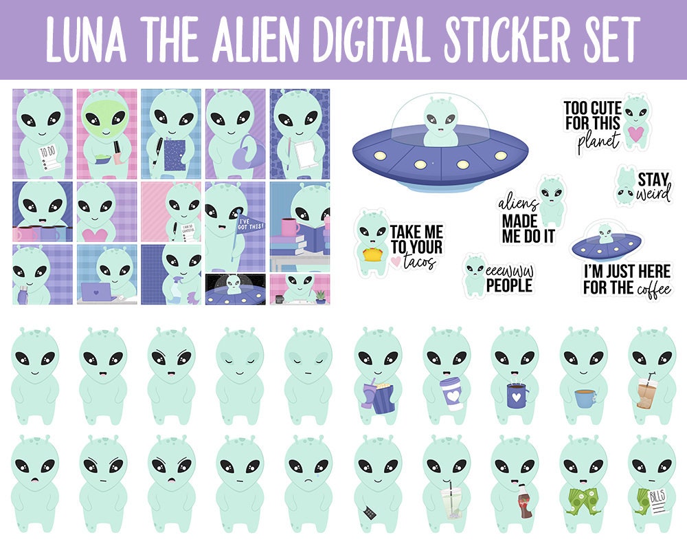 Luna the Alien Digital Planner Stickers | GoodNotes, iPad and Android | Tasks, Activities, Planning, Work, Hobbies, Cleaning, Space, UFO