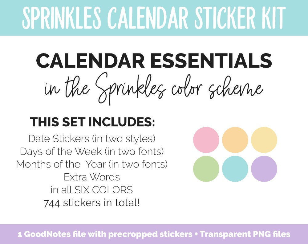 Sprinkles Calendar Essentials Digital Planner Stickers | GoodNotes, iPad and Android | Dates, Days of the Week, Months
