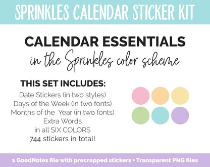 Sprinkles Calendar Essentials Digital Planner Stickers | GoodNotes, iPad and Android | Dates, Days of the Week, Months