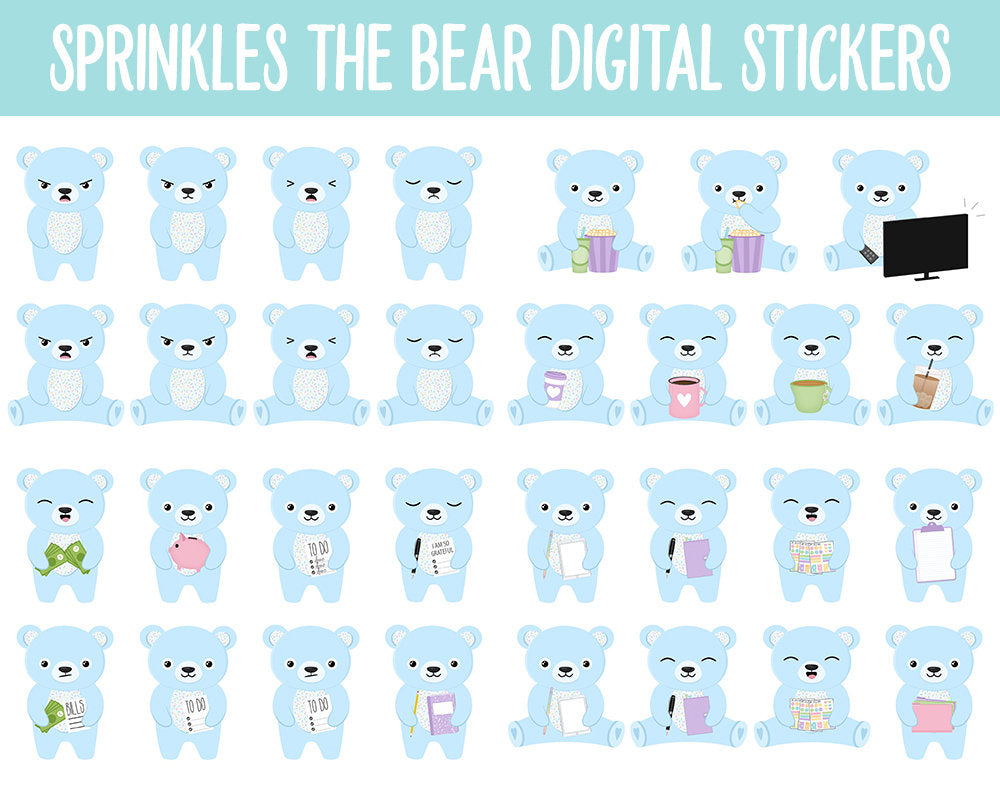 Sprinkles the Bear Digital Planner Stickers | GoodNotes, iPad and Android | Tasks, Activities, Planning, Work, Cleaning, Pastel, Rainbow