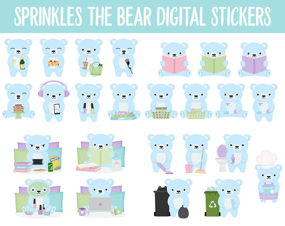 Sprinkles the Bear Digital Planner Stickers | GoodNotes, iPad and Android | Tasks, Activities, Planning, Work, Cleaning, Pastel, Rainbow