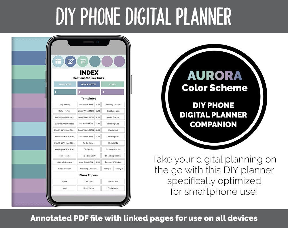 DIY Phone Digital Planner | Aurora Theme | Goodnotes, iPad & Android | Hobonichi, Planner, Notebook