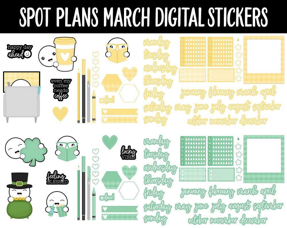 Spot Plans March Digital Stickers | GoodNotes, iPad and Android | Rainbow | Sassy, St. Patrick's Day, Adulting, Planning, Funny