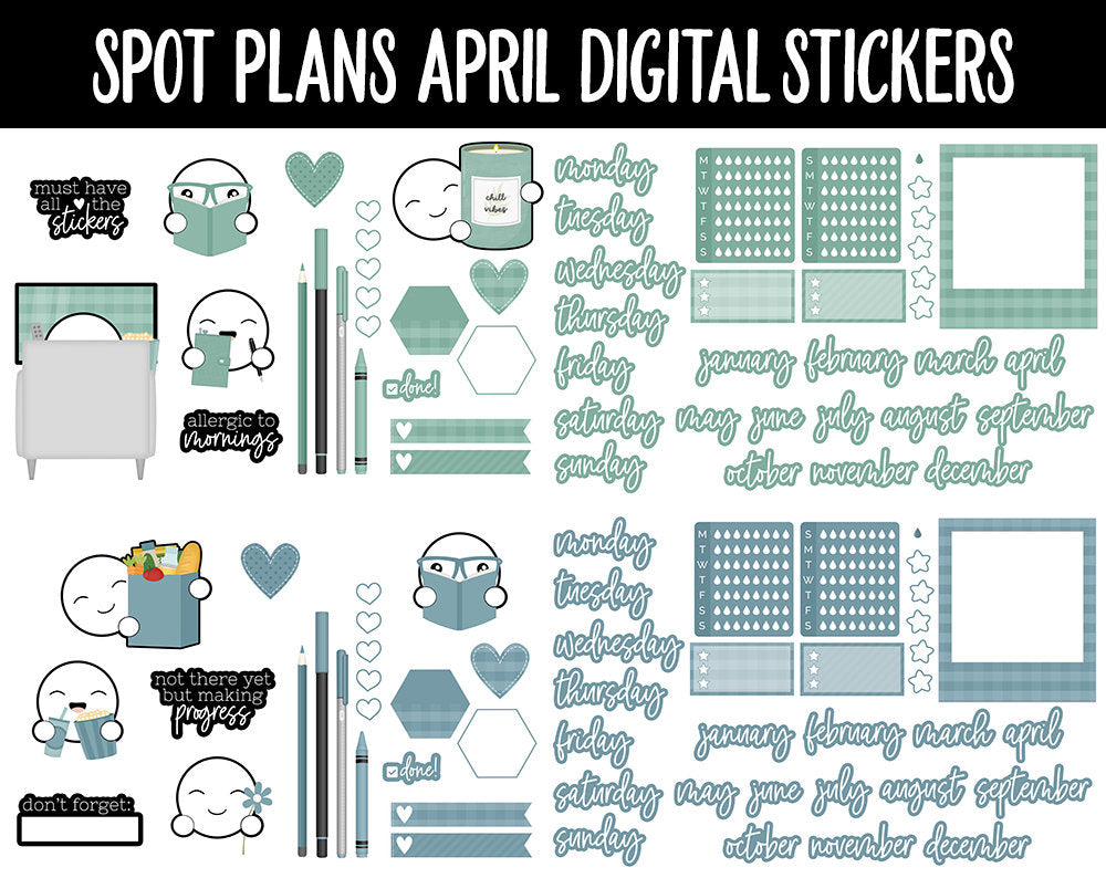Spot Plans April Digital Stickers | GoodNotes, iPad and Android | Tranquil | Sassy, Easter, Adulting, Planning, Funny