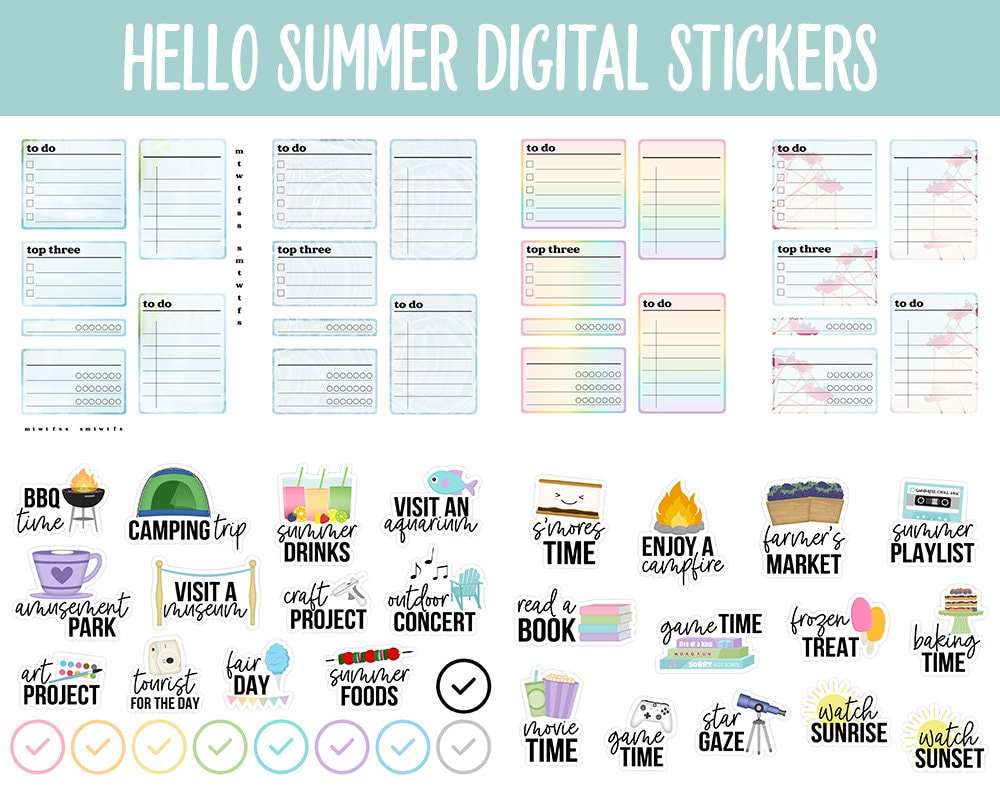 Hello Summer Digital Stickers | GoodNotes & iPad | Bucket List, Funny, Trackers