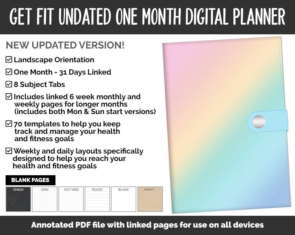 Undated Get Fit One Month Digital Planner | Candy Theme | GoodNotes, iPad & Android | Fitness, Self-Care, Health, Workout