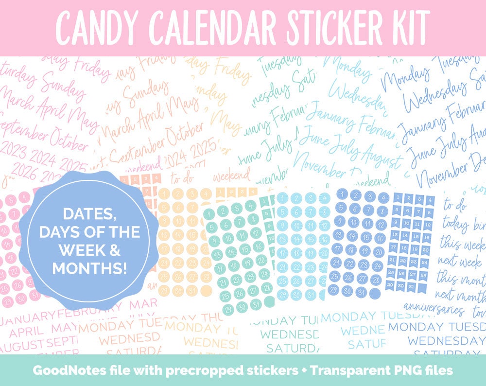 Candy Calendar Essentials Digital Planner Stickers | GoodNotes, iPad and Android | Dates, Days of the Week, Months