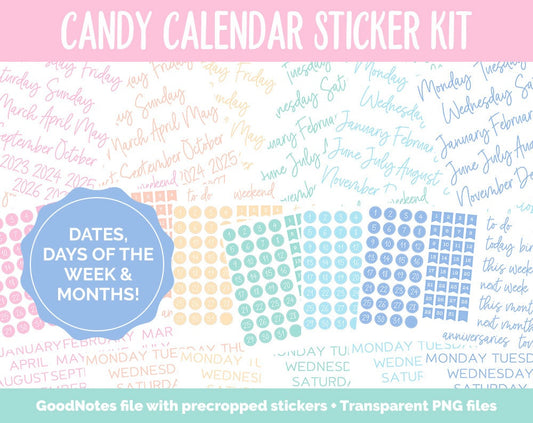 Candy Calendar Essentials Digital Planner Stickers | GoodNotes, iPad and Android | Dates, Days of the Week, Months