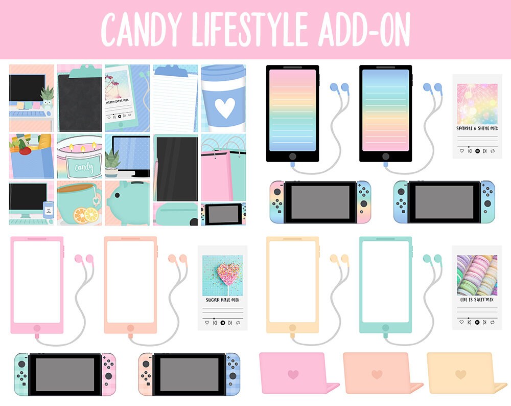 Candy Lifestyle Add-On Digital Stickers | GoodNotes & iPad | TV, Playlist, Travel, Reading, Work, Groceries